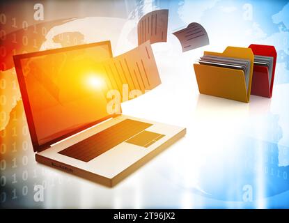 Dateiübertragung. Daten, Datei, Ordner mit Papierdateien. 3D-Abbildung Stockfoto
