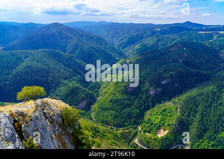 Blick auf die Landschaft der Buynovo-Schlucht, vom Aussichtspunkt Adlerauge, im Rhodopen-Gebirge, Südbulgarien Stockfoto