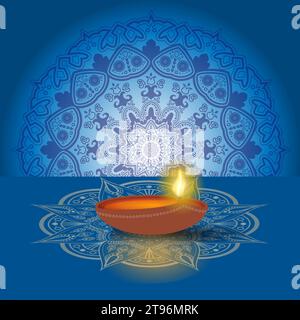 Luxuskreismuster in Form von Mandala mit Öl-Diya. Dekoratives Ornament im ethnisch-orientalischen Stil. Diwali-Feier. Lichterfest Stock Vektor