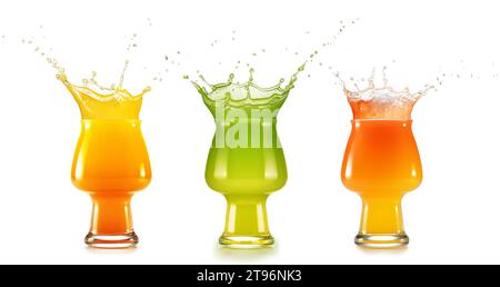 Gläser voller buntem Fruchtsaft. Spritzen gesunder Getränke isoliert auf weißem Hintergrund. Stockfoto