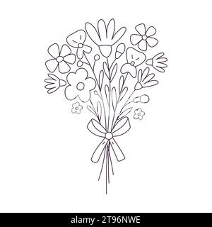 Handgezeichneter Blumenstrauß. Umriss-Kritzelvektor-Schwarz-weiß-Illustration isoliert auf einem weißen Hintergrund. Stock Vektor