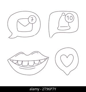Handgezeichnete Sprechblasen mit Herz, Umschlag, Glocke. Benachrichtigung, wie Symbole. Lächelnder Mund. Umriss-Kritzelvektor-Schwarz-weiß-Illustration ist Stock Vektor