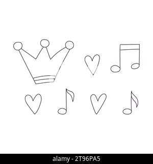 Handgezeichnete winzige dekorative Symbole. Krone, Herzen, musikalische Symbole, Noten. Einfache Designelemente. Umriss-Kritzelvektor-Schwarz-weiß-Illustration Stock Vektor