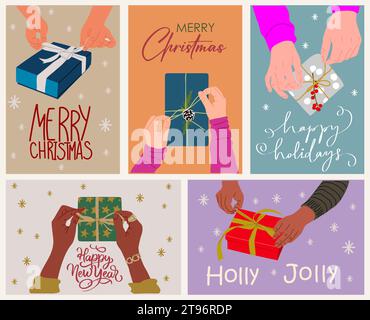 Frohe Weihnachten, Happy New Year Grußkarten Set. Stock Vektor