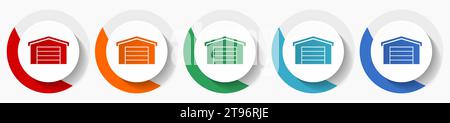 Garagengebäude Vektor-Symbolsatz, flaches Design farbenfrohe runde Symbole in 5 Farboptionen für Webdesign und mobile Anwendungen Stock Vektor