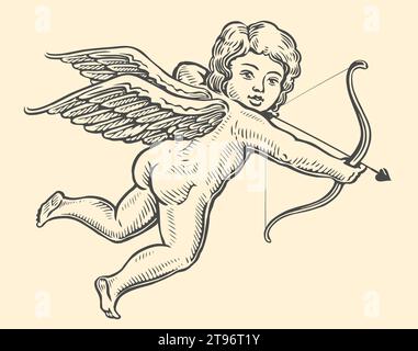 Cupid zielt auf Bogen und Pfeil. Valentinstag-Symbol. Fliegendes Engelskind, Vektorillustration Stock Vektor