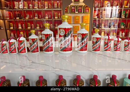 SHANGHAI, CHINA - 23. NOVEMBER 2023 - Moutai Liköre im Kweichow Moutai Experience Museum in Shanghai, China, 23. November 2023. Stockfoto