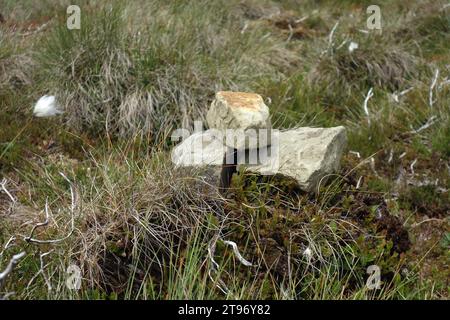 Kleiner Steinhaufen (Cairn) auf dem Summit of Dead Mans Hill zwischen Coverdale und Nidderdale, Yorkshire Dales National Park, England, Großbritannien Stockfoto