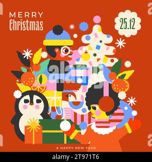 Weihnachtsillustration mit fröhlichem Mädchen und Jungen, süßem Pinguin, wunderschön gewickelten Geschenken, Mandarinen und glänzendem Weihnachtsbaum. Perfekt zum Erstellen Stock Vektor