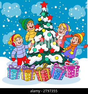 Kinder Feiern Neujahr Und Weihnachten Stock Vektor
