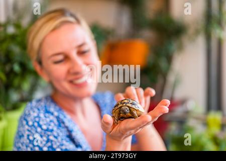 Glückliche Frau hält ihre kleine Haustierschildkröte in der Hand. Konzentrieren Sie sich auf die Schildkröte. Stockfoto