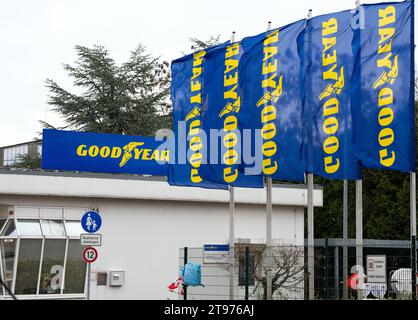 23. November 2023, Brandenburg, Fürstenwalde: Fahnen mit dem Aufdruck „Goodyear“ fliegen vor Werkstor 1 am Standort des Reifenherstellers Fürstenwalde. Nach der Ankündigung des Unternehmens, am Standort Fürstenwalde 750 Arbeitsplätze abzubauen, will der betriebsrat Goodyear bei einer Betriebsversammlung Stellung nehmen. Vor dem Werk ist dann eine Protestkundgebung geplant. Foto: Soeren Stache/dpa Stockfoto