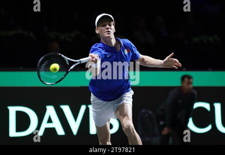 Italiens Jannik Sinner im Viertelfinale des Davis Cup 2023 im Palacio de Deportes Jose Maria Martin Carpena in Malaga, Spanien. Bilddatum: Donnerstag, 23. November 2023. Stockfoto