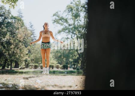 Frau springt mit Seil und Sport im Freien, genießt einen sonnigen Tag. Sie bleibt aktiv, motiviert und hartnäckig und hält einen gesunden und fitten Lebensstil aufrecht. Stockfoto