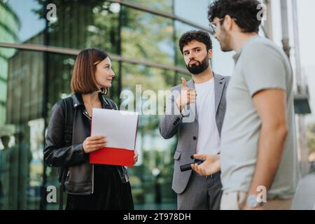 Das Business Team diskutiert Strategien für Expansion, analysiert die Finanzplanung, bewältigt Herausforderungen und entdeckt neue Möglichkeiten in der Innenstadt Stockfoto