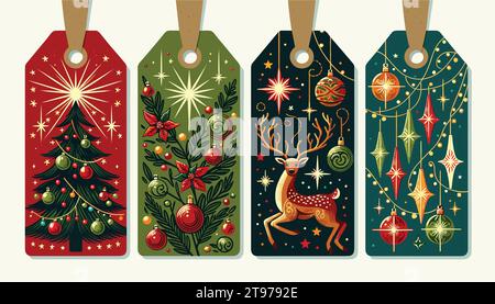Weihnachtsgeschenketiketten. Die Tags sind mit handgezeichneten Motiven verziert. Stock Vektor