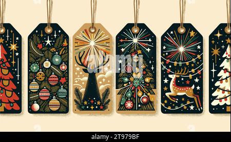Weihnachtsgeschenketiketten, jeweils deutlich voneinander getrennt. Die Tags sind mit farbenfrohen handgezeichneten Motiven verziert: Einem lebendigen Weihnachtsbaum in tiefem Grün. Stock Vektor
