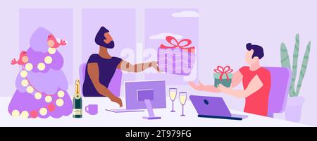 Menschen tauschen Weihnachten und Neujahr Geschenke, helle Vektor-Illustration, nicht KI, Hand gezeichnet für Design. Cartoon Stock Vektor