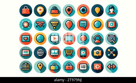 Flache Vektorillustration auf weißem Hintergrund, zeigt eine Sammlung von 40 runden, bunten Websymbolen für allgemeine Internetnutzung. Stock Vektor