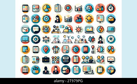 Flache Vektor-Illustration auf weißem Hintergrund, mit einer Sammlung von 40 runden, bunten Web-Icons in Bezug auf Büro und Geschäft. Stock Vektor