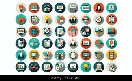 Eine Serie von 40 runden Websymbolen in flachem Vektor-Design, alle auf einem sauberen weißen Hintergrund. Jedes Symbol mit seinem einzigartigen Farbtyp. Stock Vektor