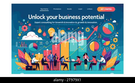 Illustration einer modernen Web-Landing-Page mit leuchtenden Farben und flachem Illustrationsstil. Die Hauptüberschrift lautet „Erschließen Sie Ihr Geschäftspotenzial“ Stock Vektor