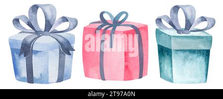 Geschenkbox. Aquarellabbildung einer Gruppe von Präsenzen auf einem isolierten Hintergrund. Die Geschenkschachteln für Illustrationen sind handgezeichnet und dienen als Logo- oder Symboldesign. Stockfoto