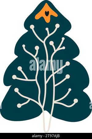 Weihnachtsbaum mit Sterndekorationskugeln in flachem Zeichentrickstil isoliert auf weißem Hintergrund. Niedliche Hand gezeichnete Vektor-Illustration Stock Vektor