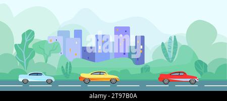 Ökologie in der Stadt und Straßenbegrünung. Straße mit Auto, nicht KI, handgezeichnet. Vektorabbildung Stock Vektor