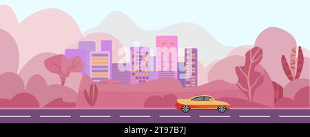 Ökologie in der Stadt und Straßenbegrünung. Straße mit Auto, nicht KI, handgezeichnet. Vektorabbildung Stock Vektor