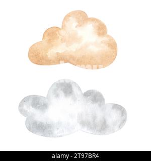 Graue und beige Aquarellwolken Set von Elementen. Handgezeichnete Illustrationen isoliert auf weißem Hintergrund. Für Kinderzimmer, Aufkleber, Stoff Stockfoto