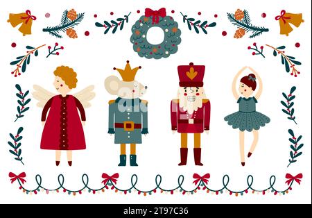 Buntes Set mit Weihnachtsfiguren Nussknacker, Ballerina, Maus und Engel. Feiertagsstatuen. Stock Vektor