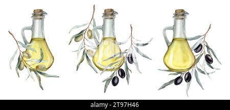 Olivenöl in Glasflasche. Handgezeichnete Illustration isolierter Hintergrund. Natürliches frisches Bio-gelbes Pflanzenöl im Glas in realistischem Aquarellbild Stockfoto