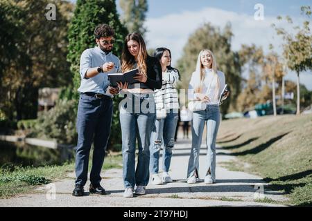 Motivierte Studenten, die im Freien zusammenarbeiten und mit Gruppenstudien akademischen Erfolg erzielen. Stockfoto