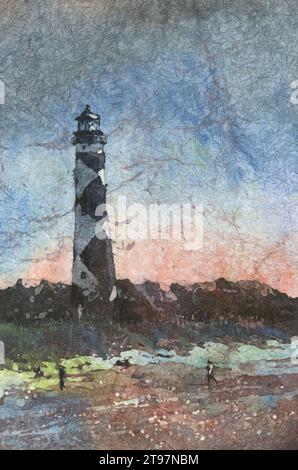 Bunte Landschaft Cape Hatteras Leuchtturm Aquarell Batikmalerei, handgemachte Artikel Reise Essentials Strandhaus Dekor giclee (Druck) Stockfoto