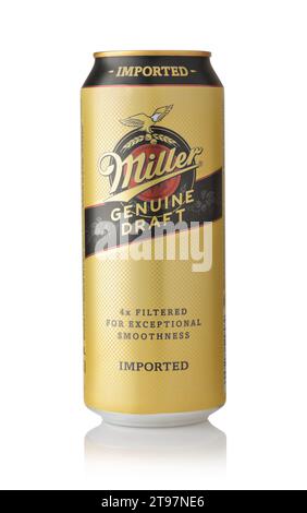 Samara, Russland - Januar 2022. Vorderansicht der Miller Original Draft Lagerbierdose isoliert auf weiß Stockfoto