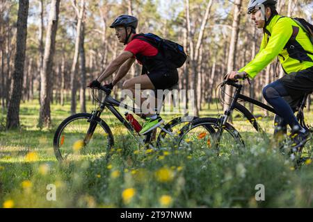 Reife Freunde tragen Helm und Fahrrad fahren im Wald Stockfoto