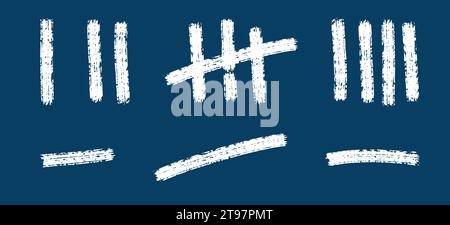 Eine Reihe von Konturen, eine Anzahl von Marken wird gezählt. Kreide auf einem blauen Brett steckt einen Zeienzähler an die Wand. Vektorhashes bezeichnen Gefängnis oder Wüsteninsel i Stock Vektor