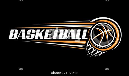 Vektor-Logo für Basketball, dekoratives Banner mit Konturillustration des geworfenen Basketballballs, fliegend auf Flugbahn im Korb mit Netz auf dunklem bac Stock Vektor