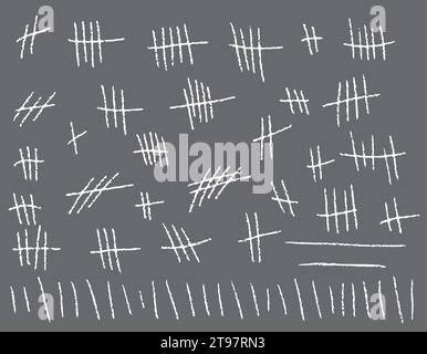 Tally Mark. Eine Reihe von Strichen, eine Anzahl von Markierungen wird gezählt. Kreide auf grauem Hintergrund klebt den Zeilenzähler an die Wand. Vektor-Hashes-Symbole für Pris Stock Vektor