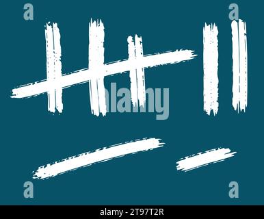 Eine Reihe von Konturen, eine Anzahl von Marken wird gezählt. Kreide auf dem Brett klebt den Zeilenzähler an die Wand. Vektorhashes bezeichnen Gefängnis- oder Wüsteninsel-IC Stock Vektor