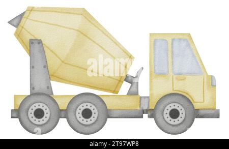 Betonmischer Aquarellillustration. Hand gezeichnete Clipart des gelben Zementmixers des Babyspielzeugs auf isoliertem Hintergrund. Truck zeichnet für Fingerabdrücke auf einem Jungen T-Shirt. Skizze des Konstruktionsfahrzeugs. Stockfoto