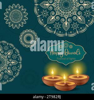 Happy Diwali ( Festival der Lichter) Vektor Illustration mit Mandala Kreis Design und drei Öl Diya. Stock Vektor
