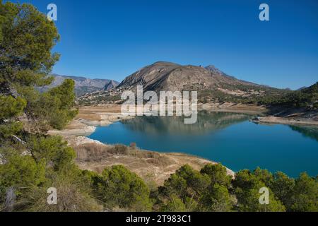 Diese ruhige Landschaft mit einem ruhigen See, majestätischen Bergen und üppigen Bäumen ist ein vielseitiger Vorteil für Stockfotos, Tourismusmarketing usw. Stockfoto