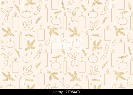 Advent, weihnachten, goldenes nahtloses Muster mit Kerzen, stechpalmenbeeren und Tannenzweigen; ideal für Verpackung, Grußkarten, Hintergründe, Banner- Vect Stock Vektor