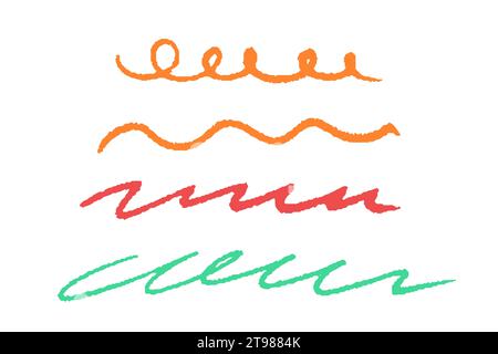 Hervorhebung von Buntstiften. Handgezeichnete farbige, lockige Linien, Schnörkel und Formen für Diagramme. Einfaches Skizzensymbol kritzeln. Vektorabbildung Stock Vektor
