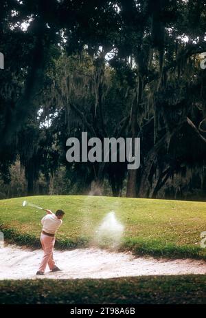 HAVANNA, KUBA - FEBRUAR 1956: Ein nicht identifizierter Golfer versucht, seinen Ball aus dem Sand zu schlagen, während eines Golfturniers um den Februar 1956 in Havanna, Kuba. (Foto: Hy Peskin) Stockfoto