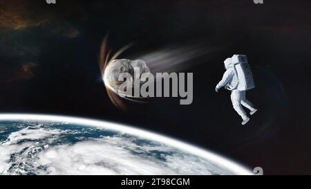 Kosmonaut mit Asteroiden im Erdumlauf. Elemente dieses Bildes, bereitgestellt von der NASA. Stockfoto