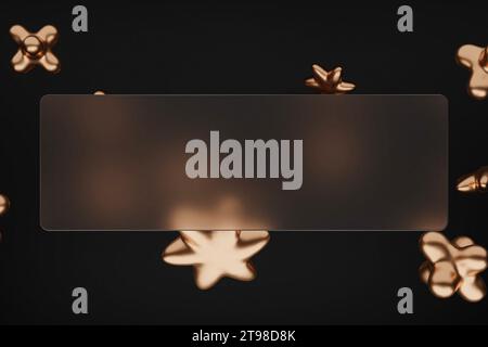 Glasmorphismus-Banner mit goldenen Formen, schwarzem Hintergrund Stockfoto