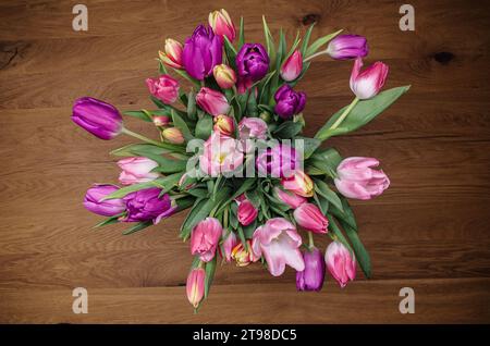 Die Komposition strahlt Frische, Vitalität und die zeitlose Schönheit der Tulpen als Symbol des Frühlings aus. Stockfoto